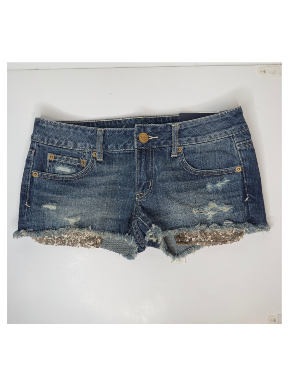 American Eagle Gold Sequin Distressed Denim Shortie Shorts 4 Low Rise NWT